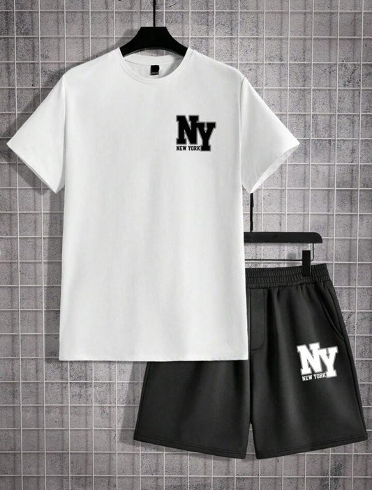 Mens Premium Printed Shorts and T-Shirt Set by T-Shirt Co - TCOMTSS2 - White Black